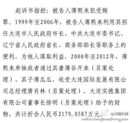 昆明薄熙来受贿、贪污、滥用职权案8月20日上午在济南开庭审理