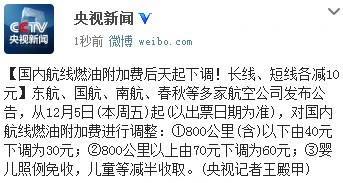 昆明国内航线燃油附加费后天起下调 长线、短线各减10元