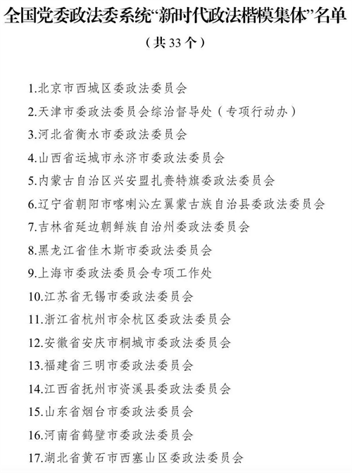 昆明中央政法委、人社部印发《关于表彰全国党委政法委系统“新时代政法楷模集体”和“新时代政法楷模个人”的决定》